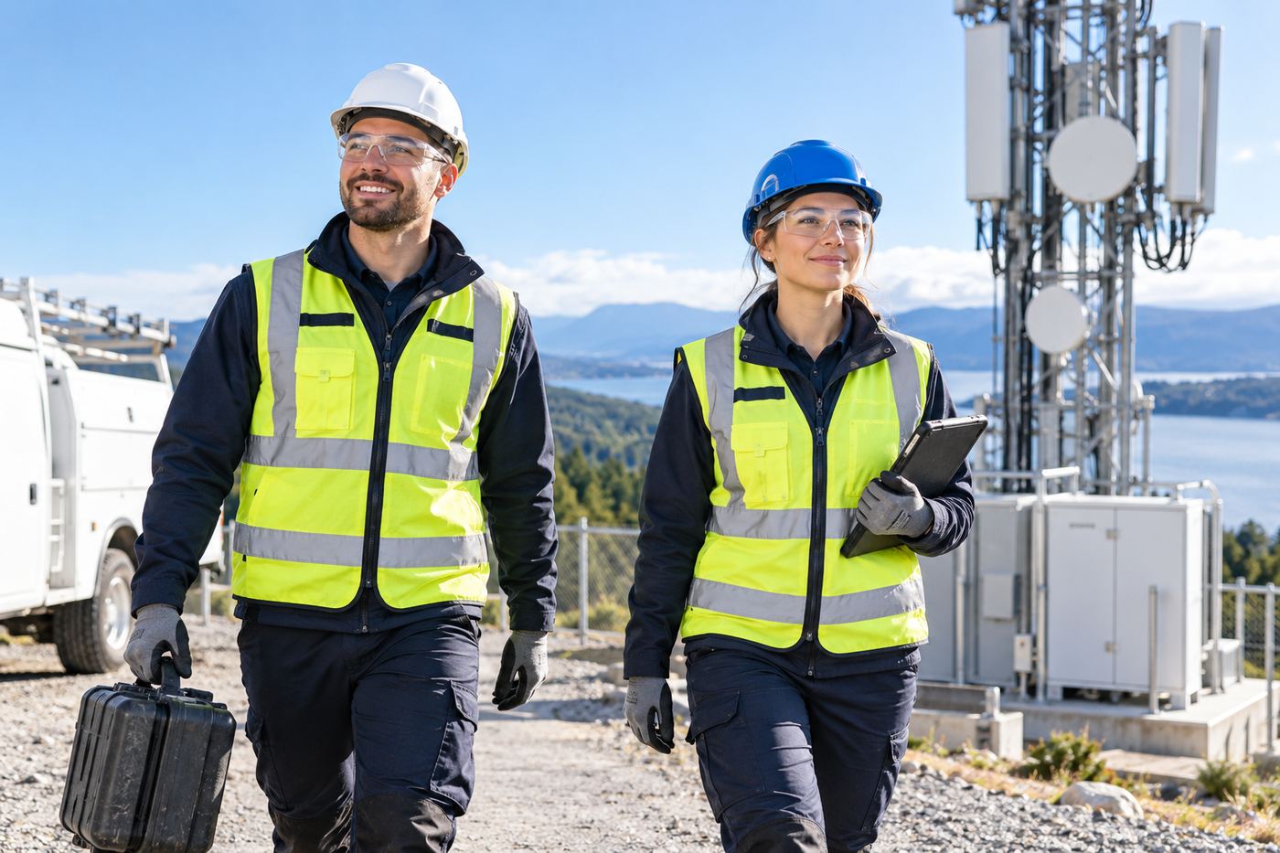 Two technicians walking a site next to a cell tower