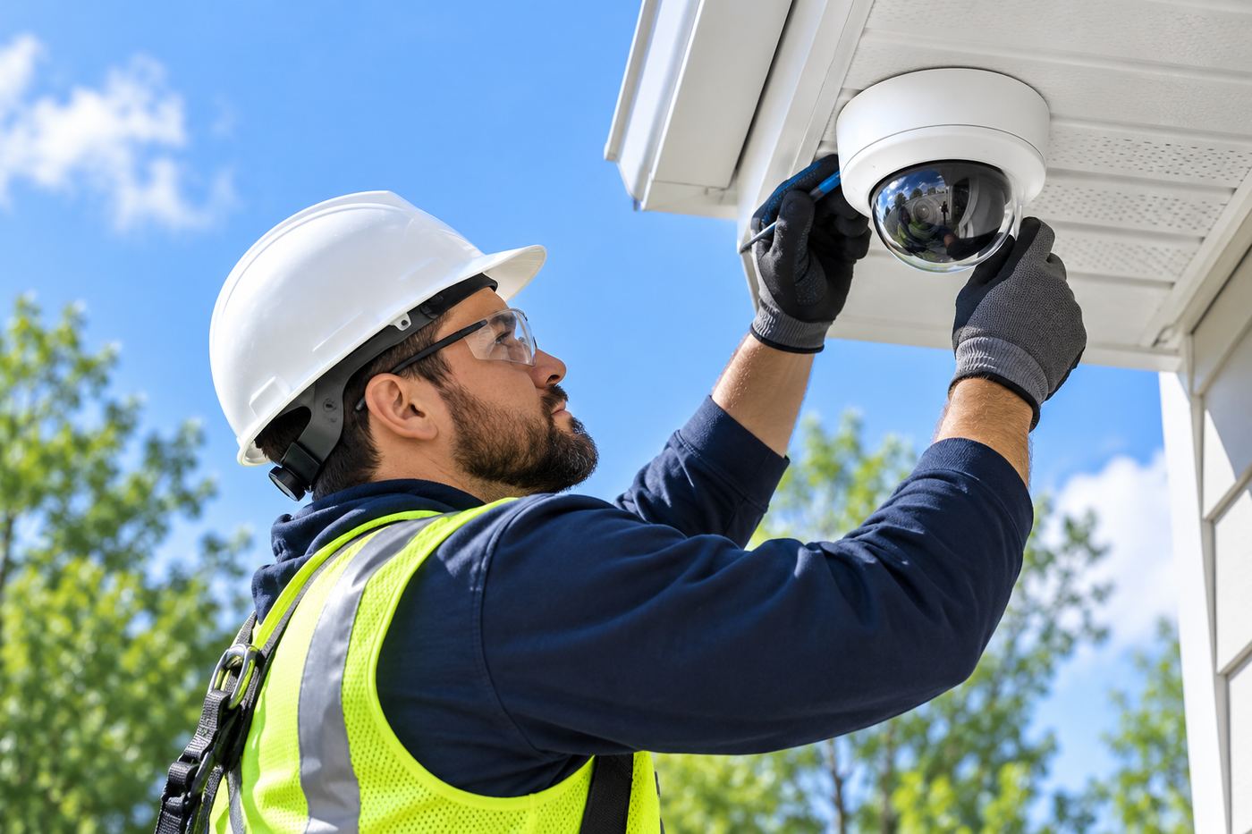 Technician mounting a dome security camera under an eave