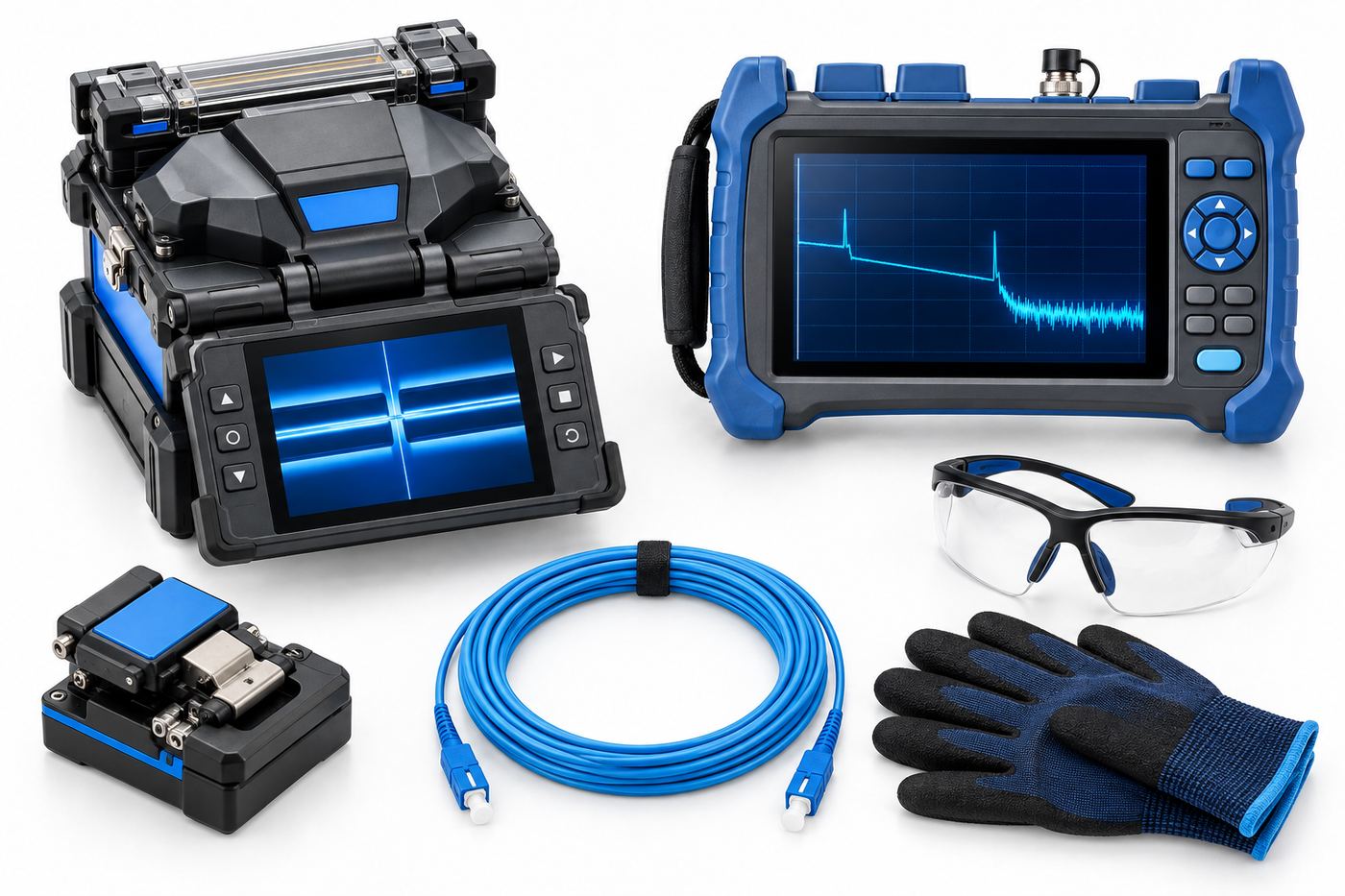 Fusion splicer, OTDR, cleaver, patch cord, safety glasses and gloves
