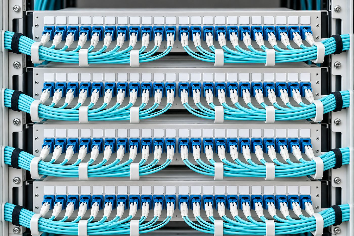Rack of neatly dressed aqua fiber patch cords