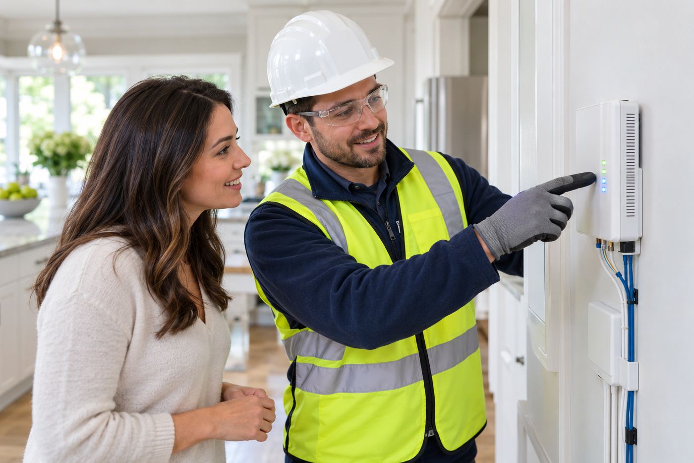 Installer showing a homeowner a new fiber wall outlet