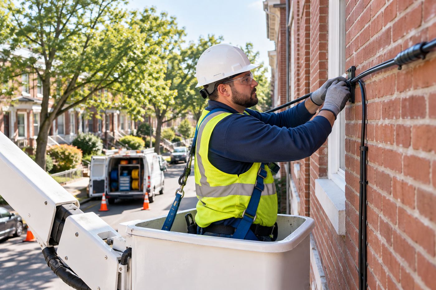 Technician in a bucket working on a brick building street line