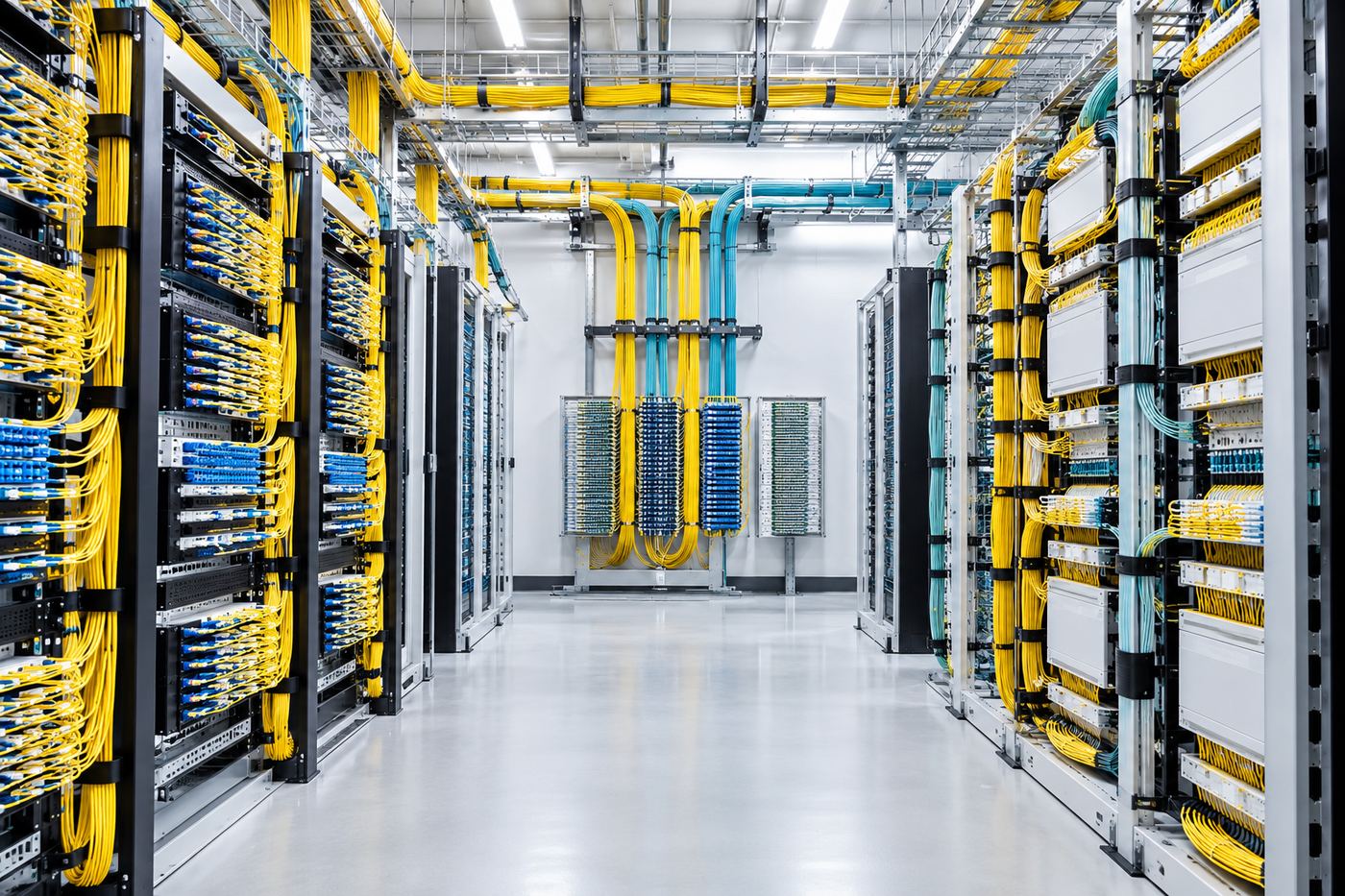 Data center aisle with overhead yellow fiber runners