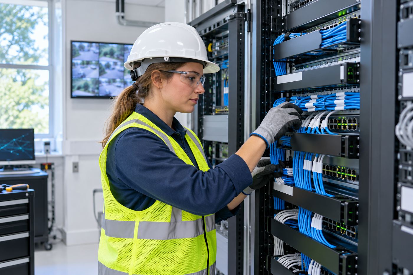 Technician patching a network rack in an office