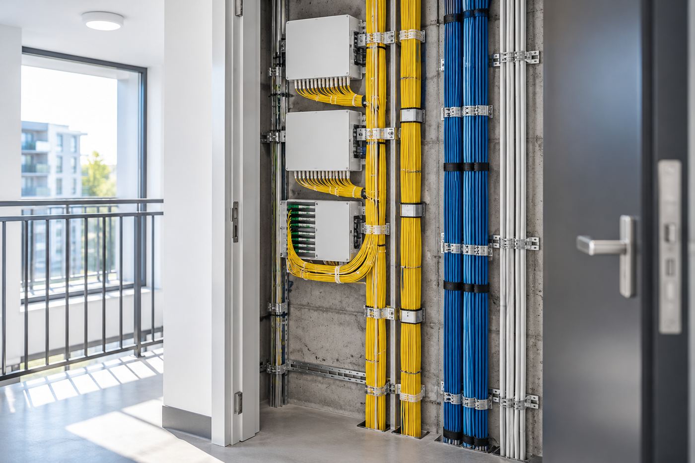 Fiber and power risers in an apartment building utility room