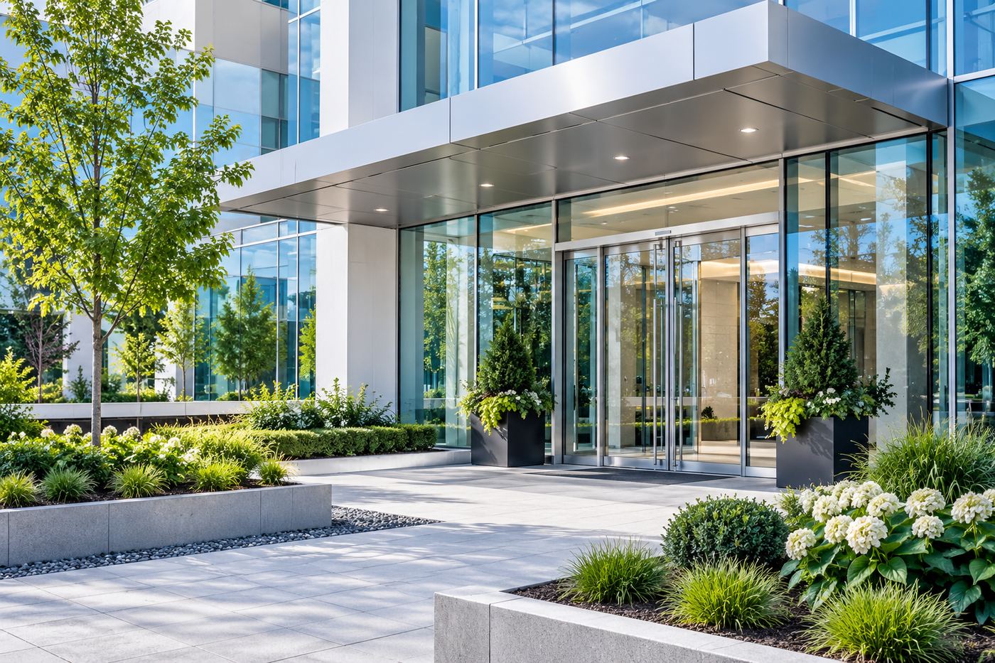 Glass-fronted office building entrance