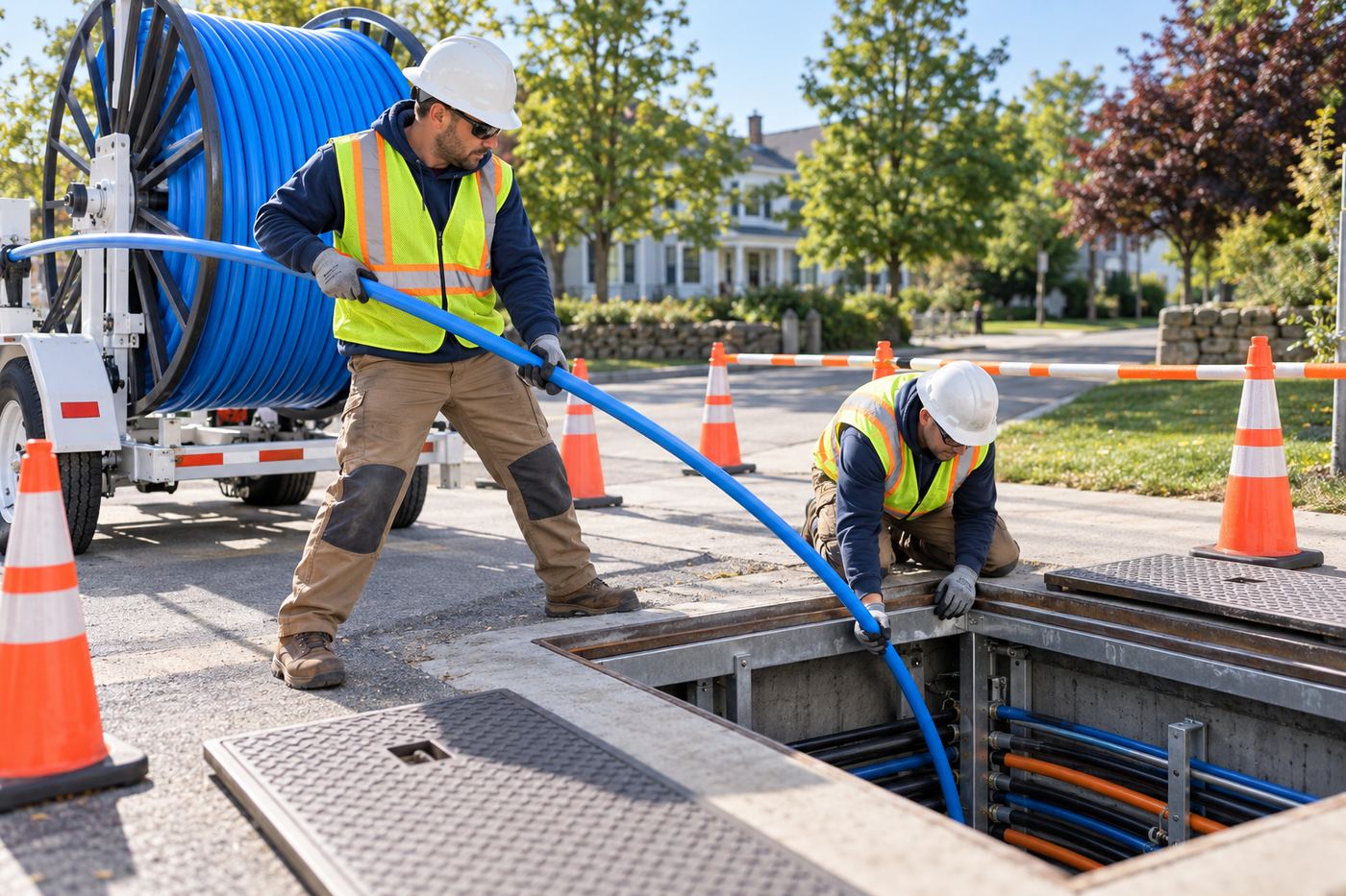 Crew pulling fiber cable into an underground vault