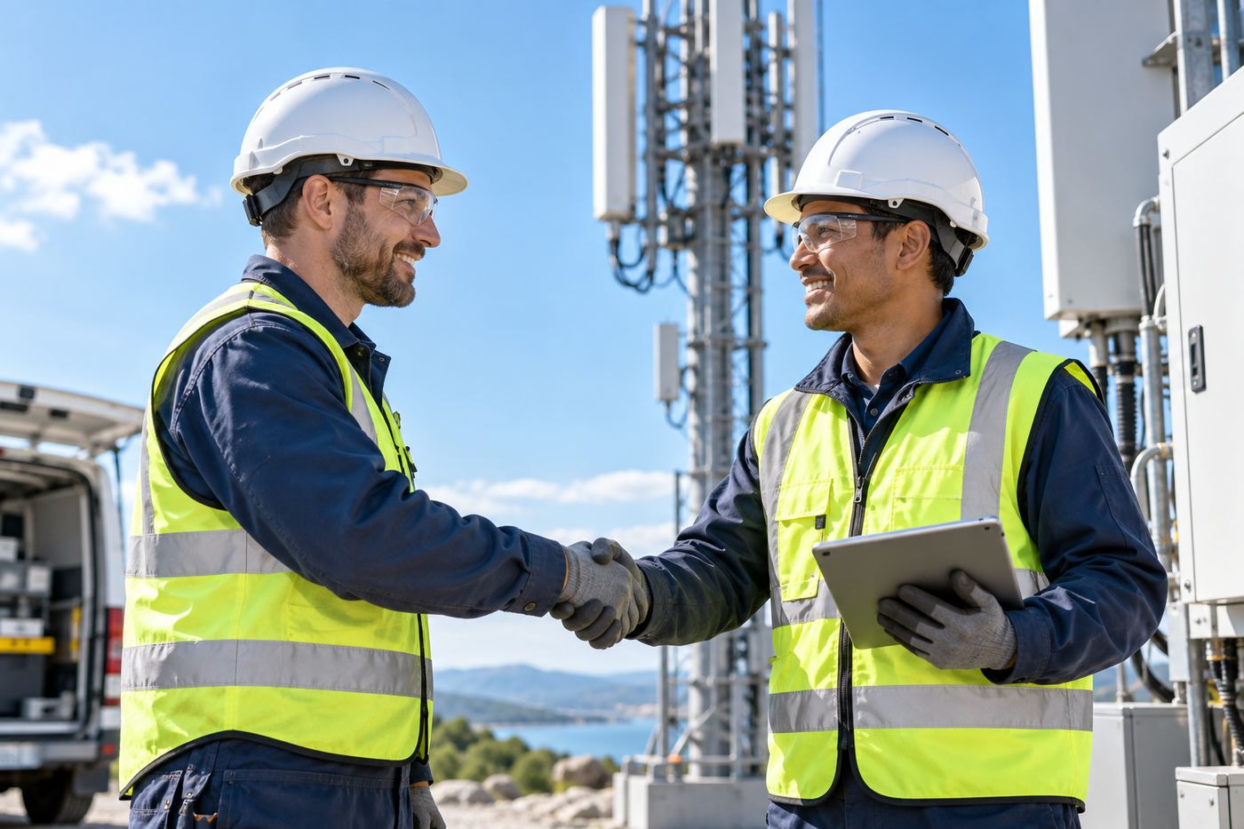 Two technicians shaking hands at a tower site