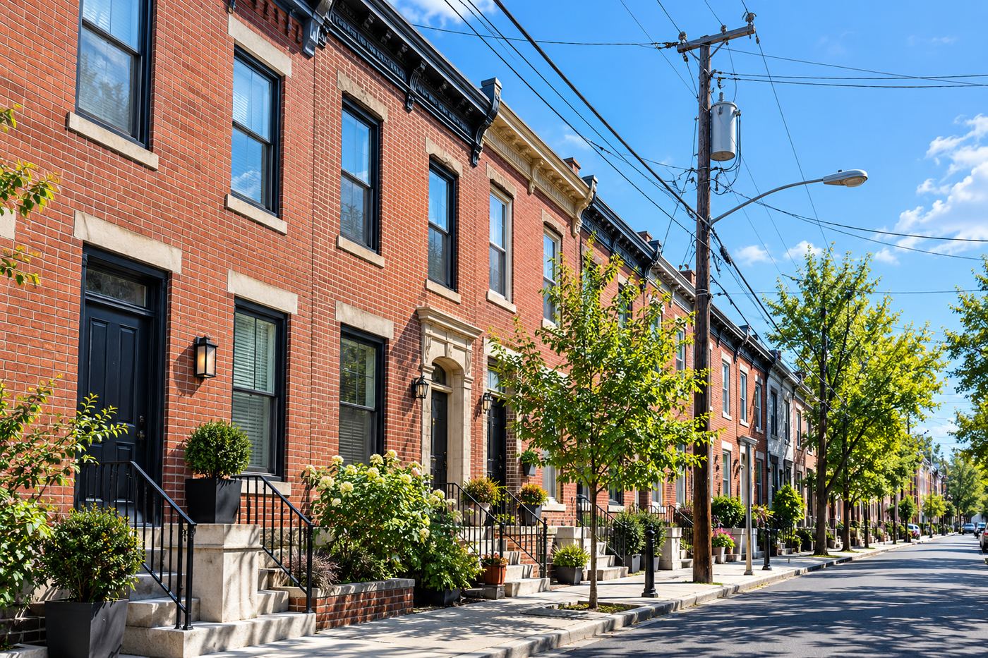 Brick rowhomes along a tree-lined street with overhead lines