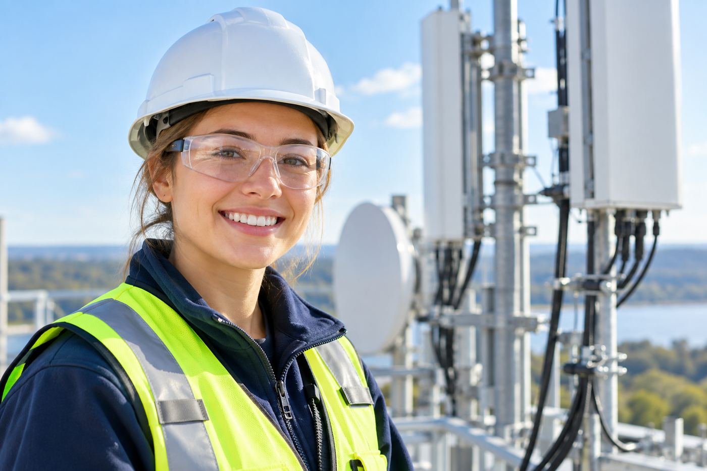 Smiling apprentice technician at a tower site