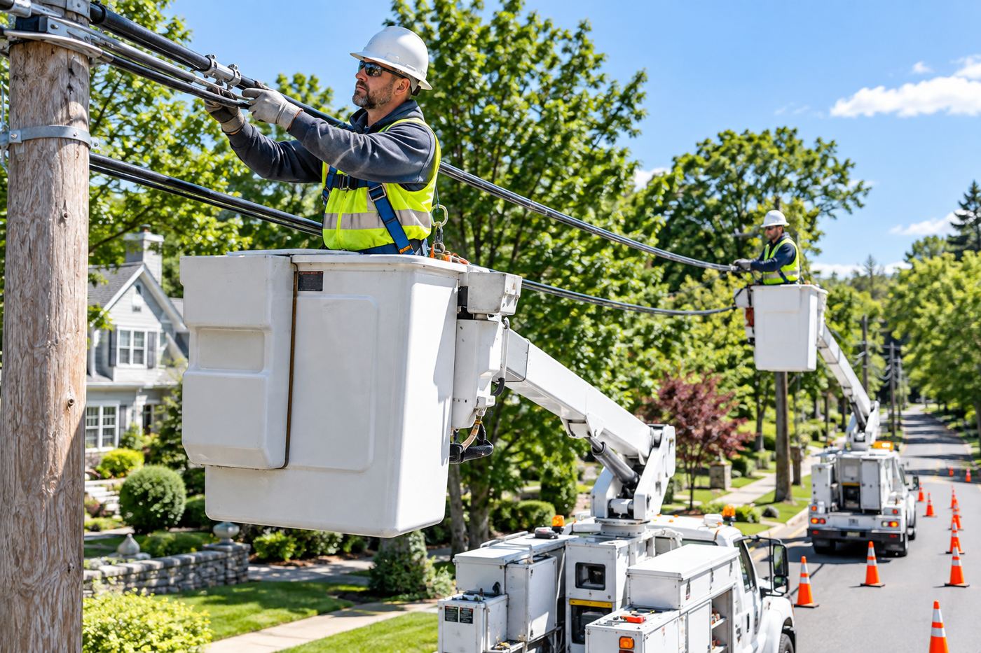 Crew building an aerial fiber line from a bucket truck