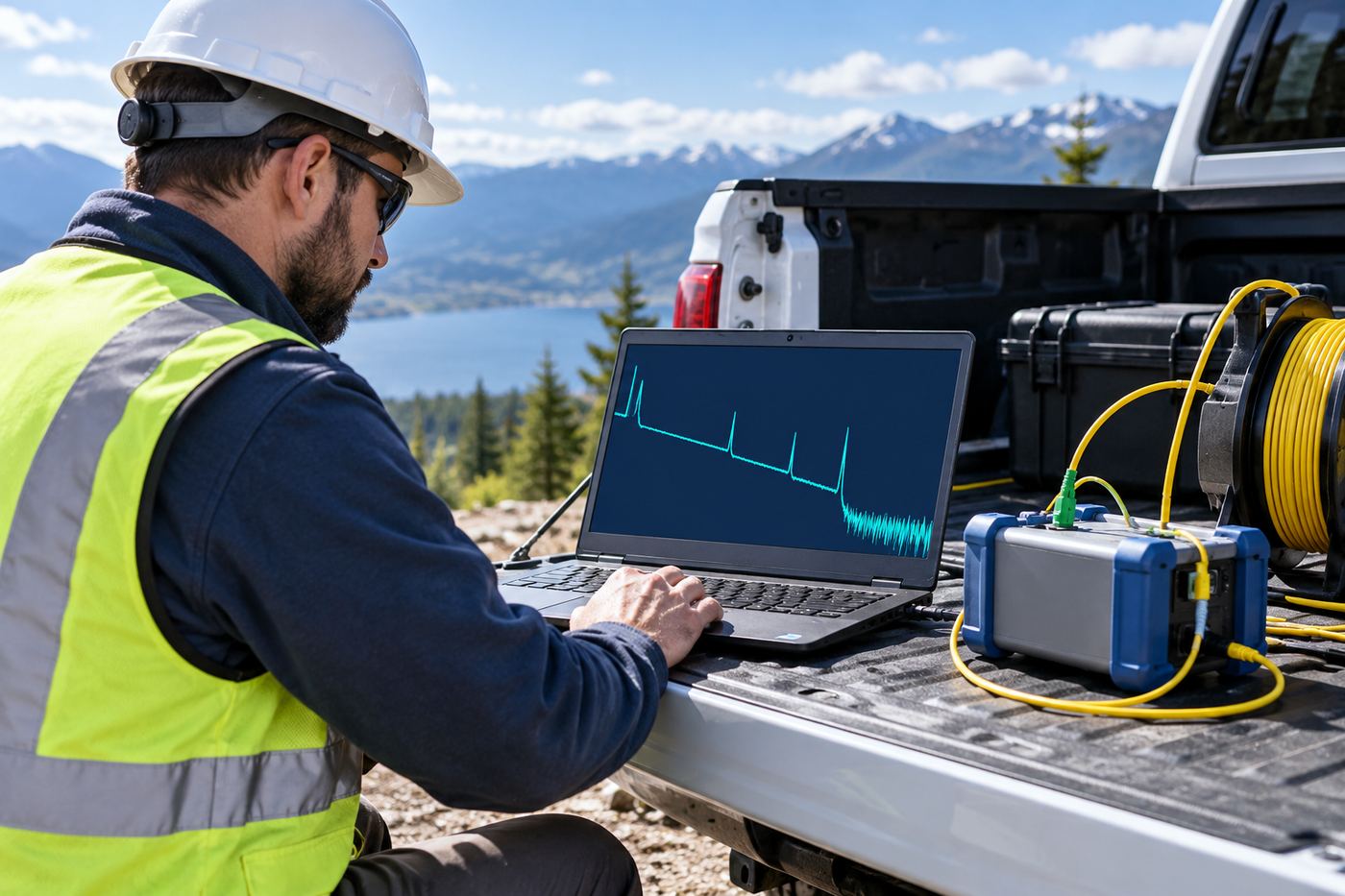 Technician reviewing an OTDR trace on a laptop at the truck
