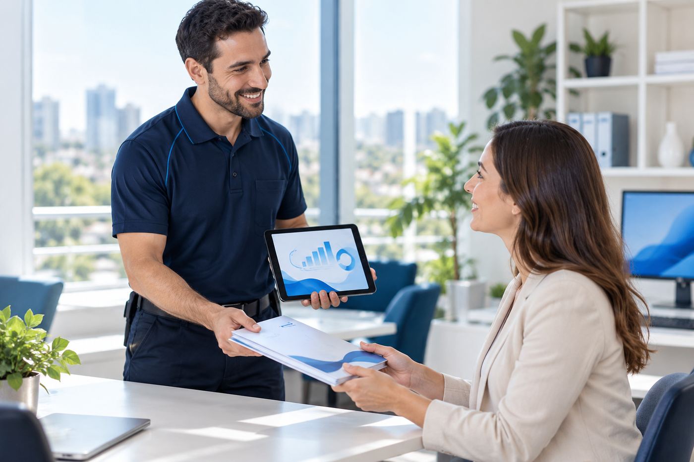Project lead handing test results to a client