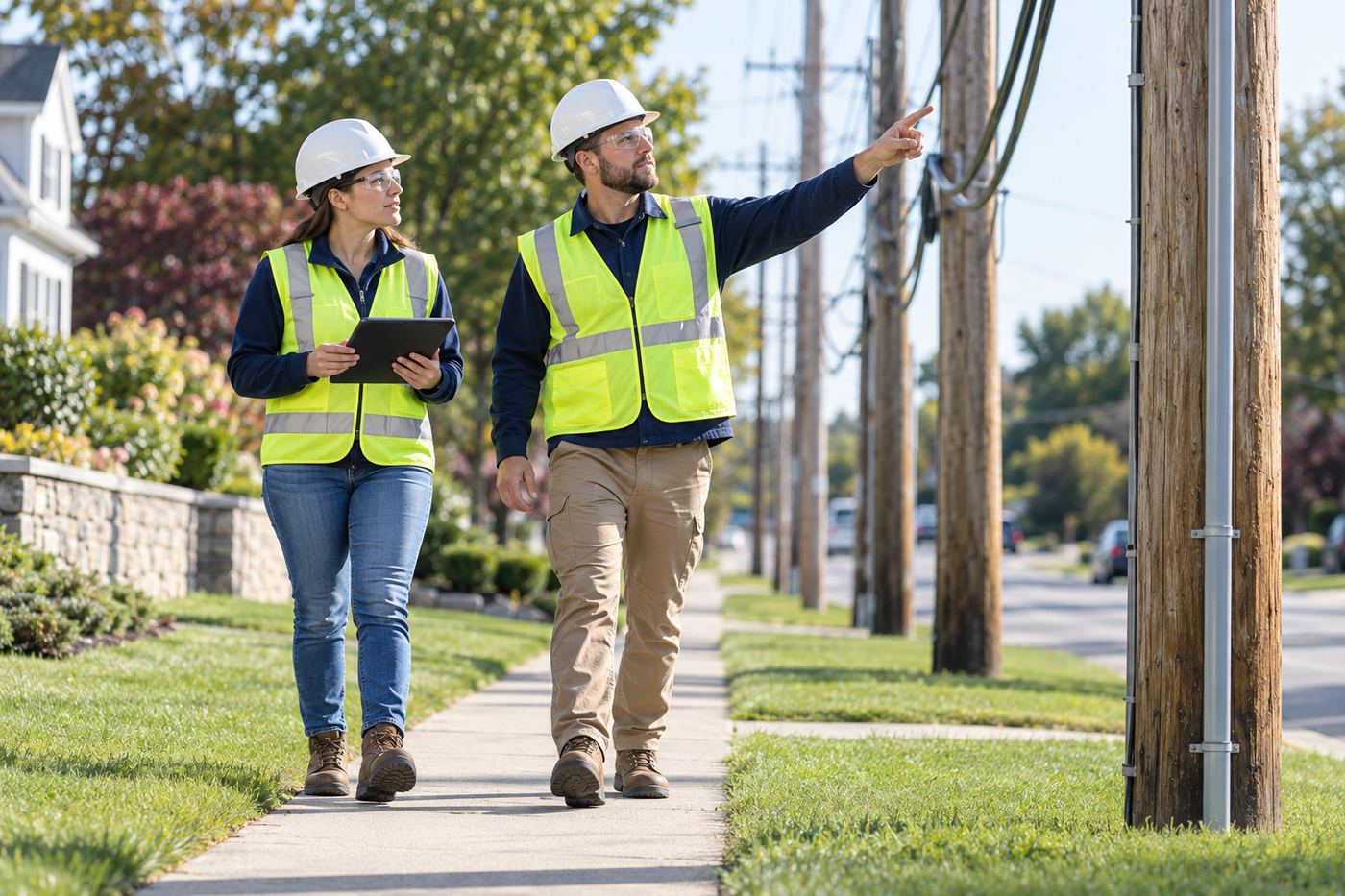 Two surveyors walking a pole line