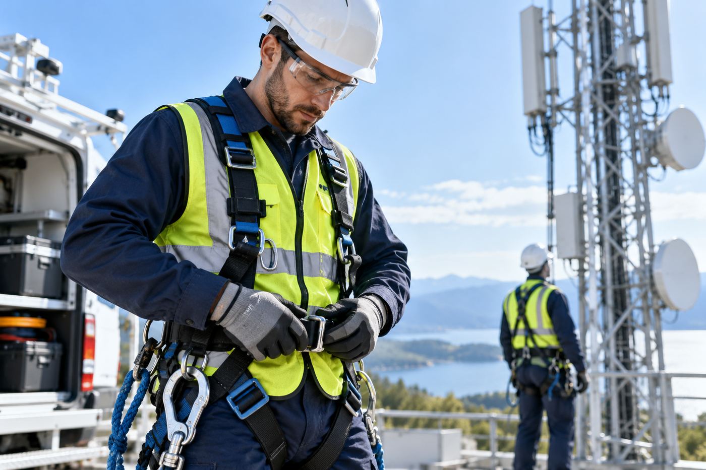 Technician checking a fall-protection harness at a tower site